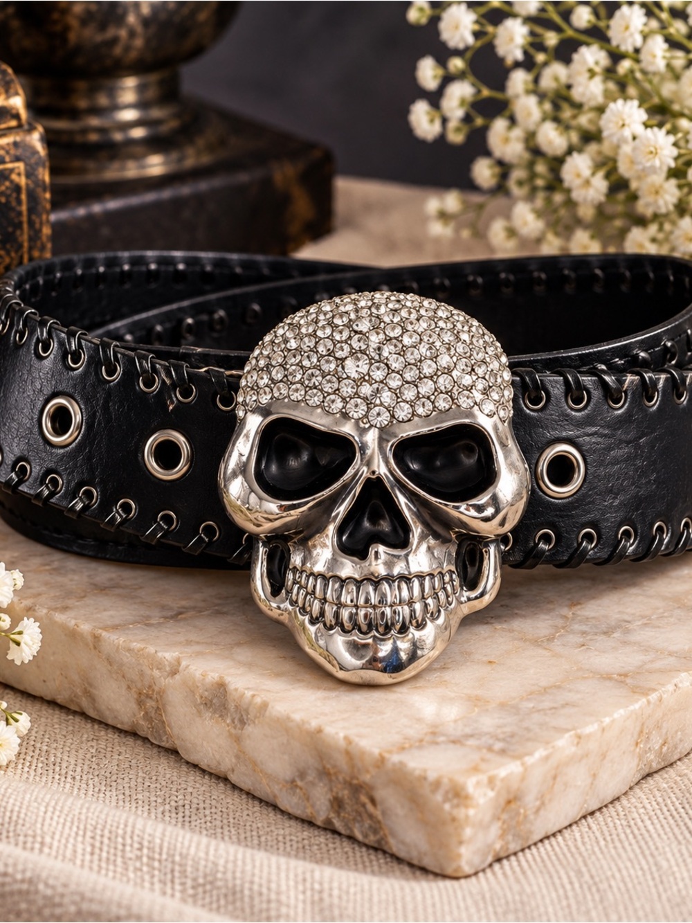 Vintage RT Rhinestone Skull Belt Buckle Gothic Glam Rocker Statement